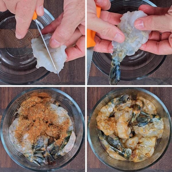butterflying and seasoning the shrimp.