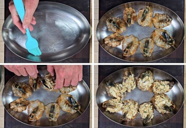 stuffing the shrimp with crab mixture.
