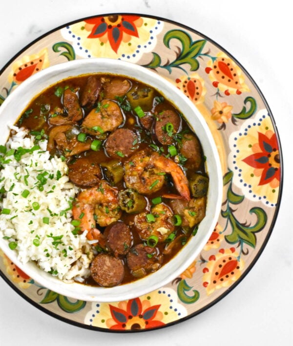 bowl of gumbo atop the gypsy plate