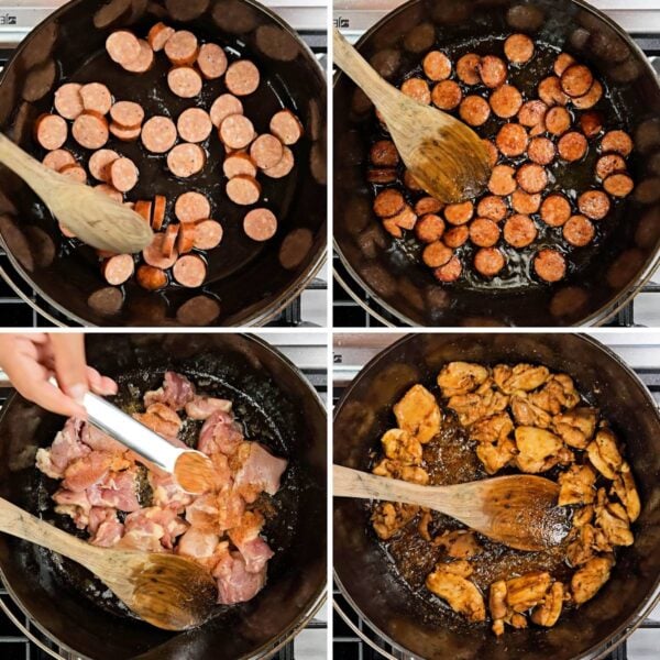 browning the sausage and chicken in a pot.