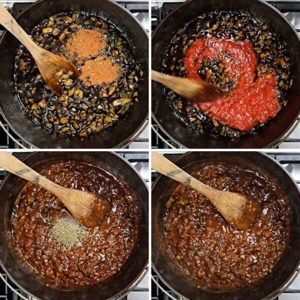 Adding tomatoes and seasonings.