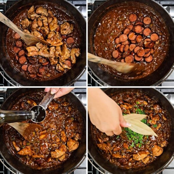 adding meats into the gumbo