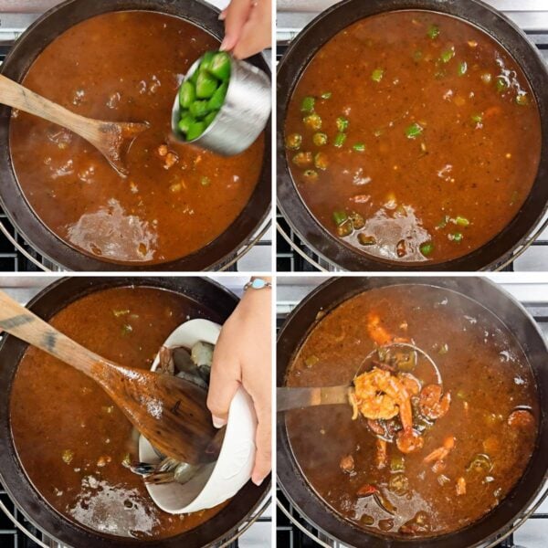 adding the okra and shrimp