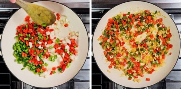 diced onion and pepper cooking in a skillet