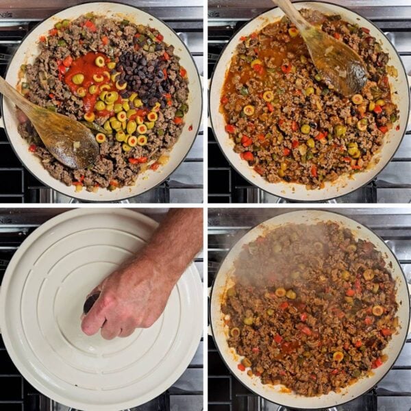 adding tomato sauce, raisins and olives
