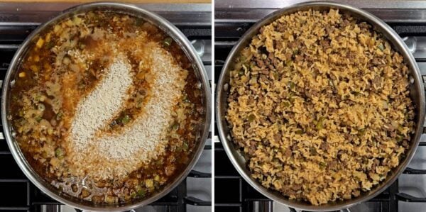 stirring in broth and uncooked rice