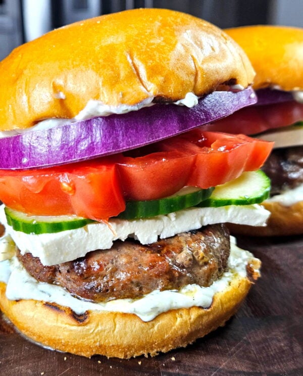 lamb burger with greek toppings