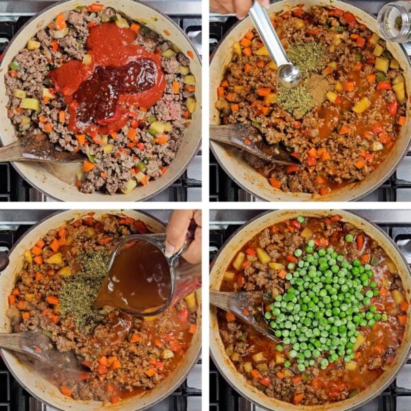 Adding sauce, spices and peas.