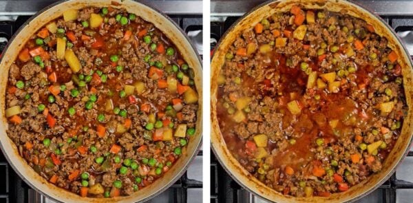Picadillo before and after simmering.