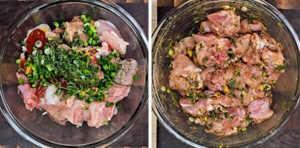marinating the chicken pieces in a large bowl.
