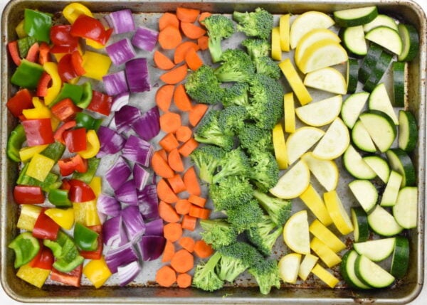 diced veggies on a sheet pan