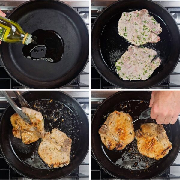searing pork chops in a cast iron skillet