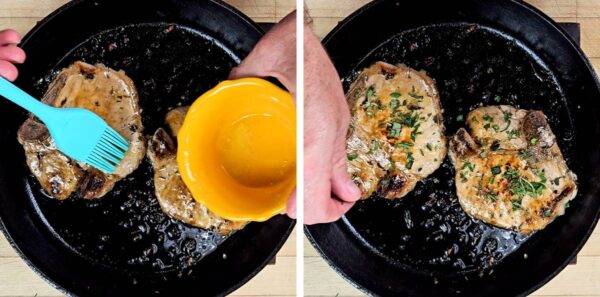 basting butter on the cooked pork chops