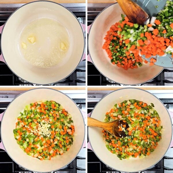Cooking diced aromatic vegetables in soup pot.