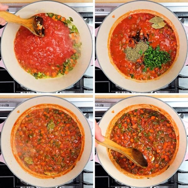 Adding diced tomatoes and spices to the pot.