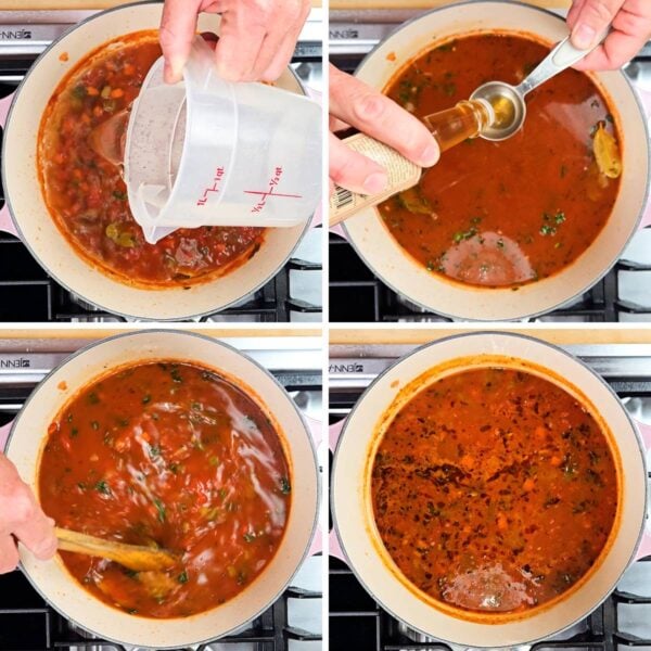 Adding liquid components and simmering the broth.