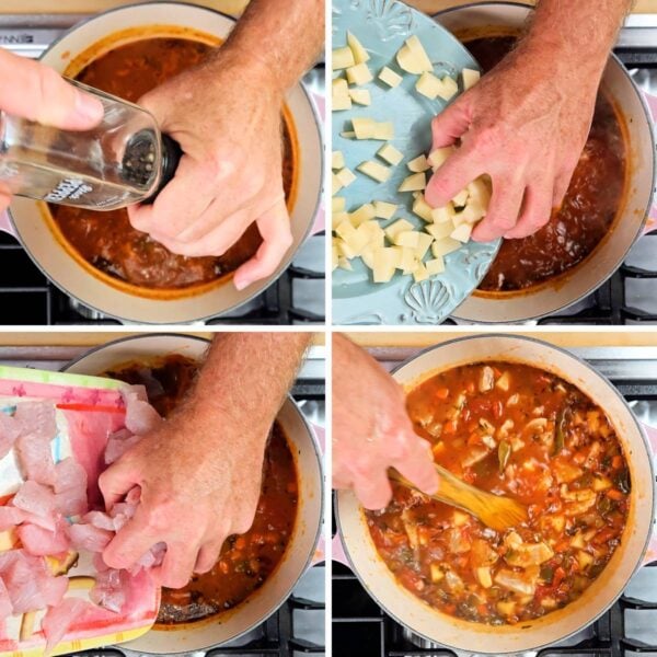 Adding diced potatoes and fish to the chowder.