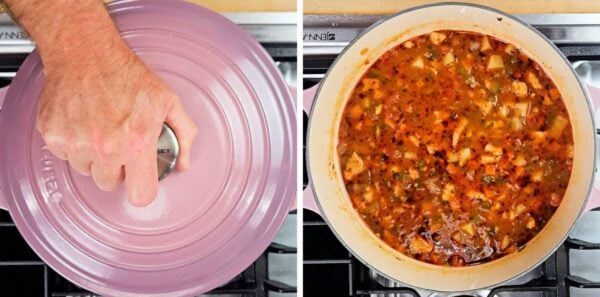 Adding a lid to the pot.