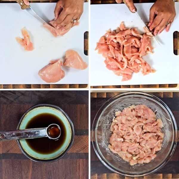 Collage of steps to velvet chicken.