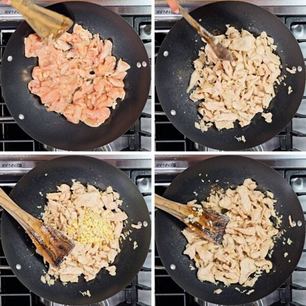 Stir frying chicken slices.