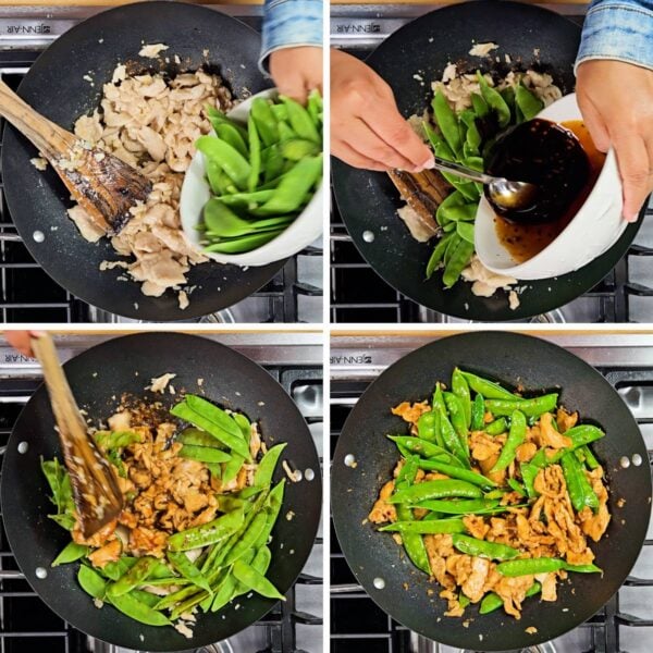 Adding the snow peas and sauce.