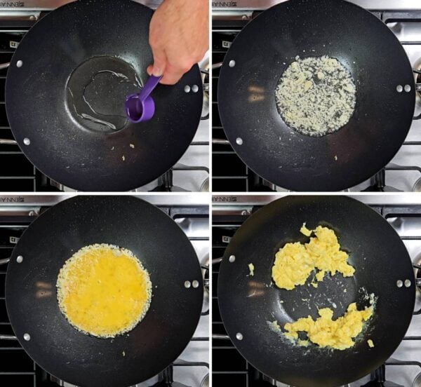 cooking garlic and scrambled eggs in a wok