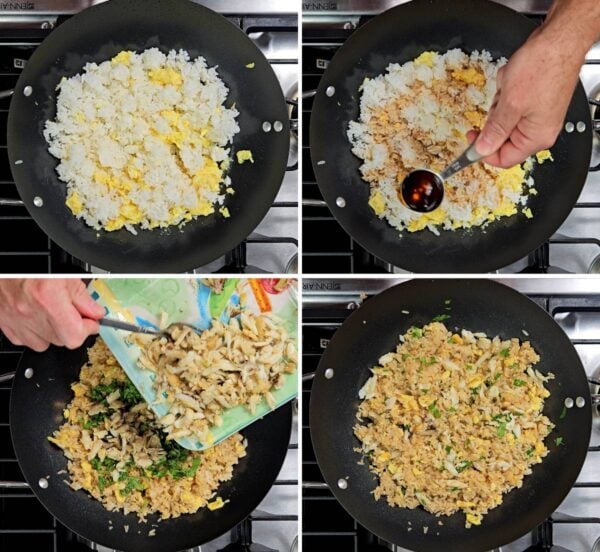 adding rice, soy sauce and crab meat