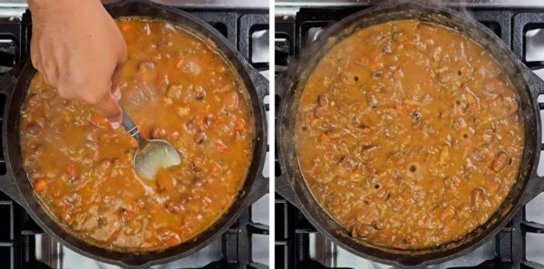 mashing the beans with a large spoon
