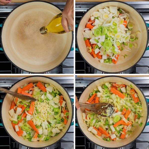 Recipe collage showing sautéing the vegetables and garlic.