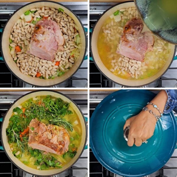 Recipe collage showing adding beans, ham and chicken broth.