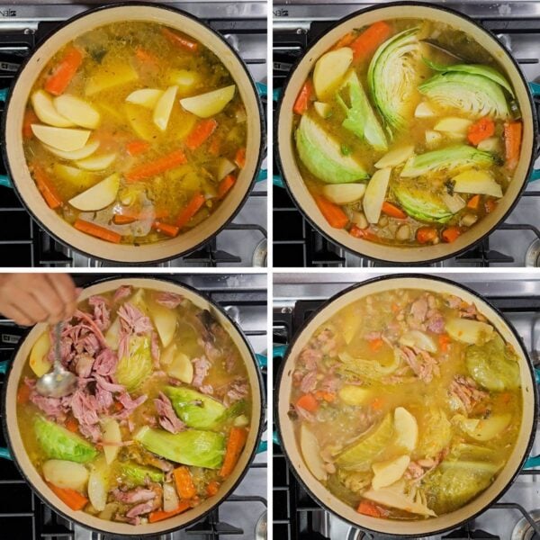 Recipe collage showing adding shredded ham, potatoes and cabbage.