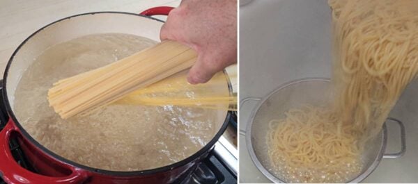 Boiling and draining pasta.