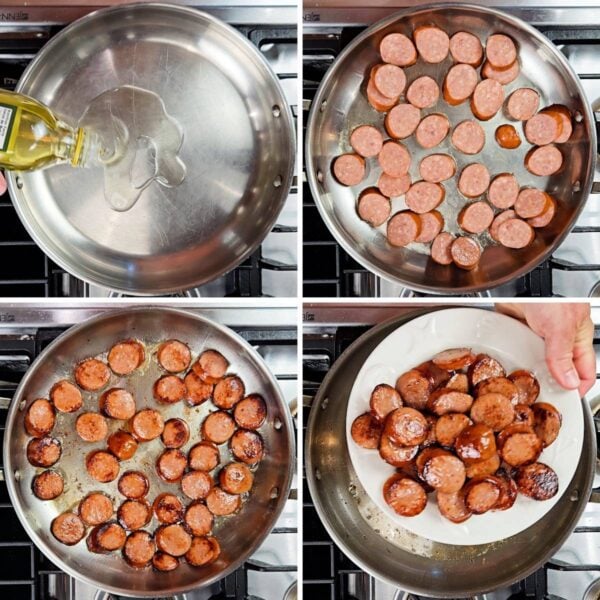 browning sliced kielbasa in a skillet