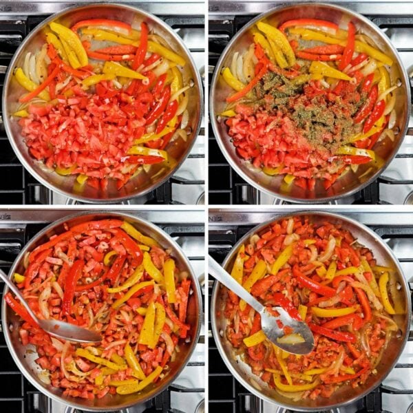 adding diced tomatoes to the dish