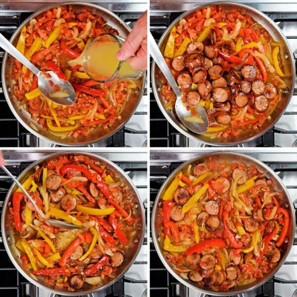 adding chicken broth and browned sausage to the dish