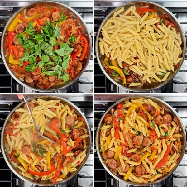 stirring in basil and cooked penne