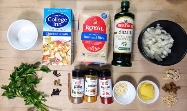 Recipe ingredients, as listed below, arranged on a counter.