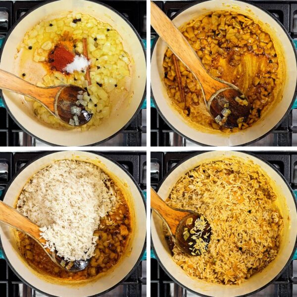 Stirring in spices and uncooked rice.
