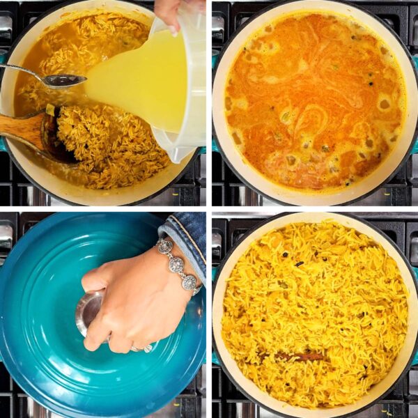 Stirring in chicken broth and cooking the rice.