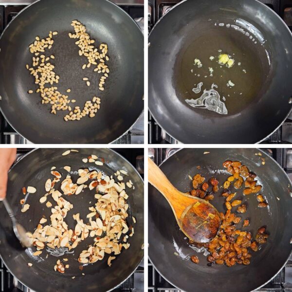 Cooking nuts and raisins in a small pan.