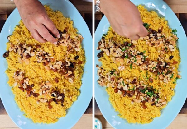 Garnishing the rice.