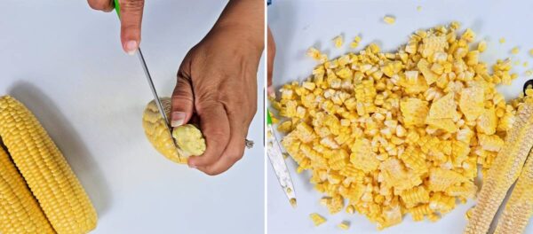 slicing corn kernels off of a cob