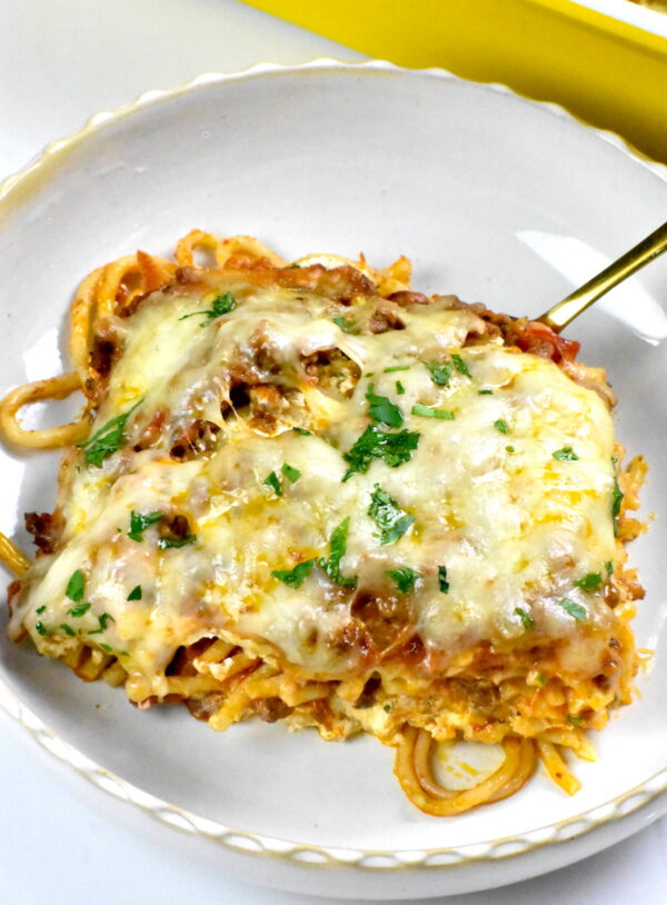 serving of the baked spaghetti casserole