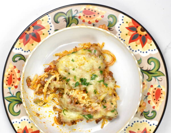 serving of million dollar spaghetti on the gypsy plate