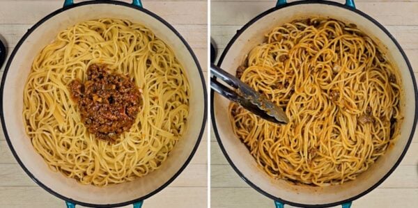 stirring some meat sauce into the spaghetti