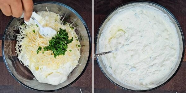 mixing together the creamy cheese sauce