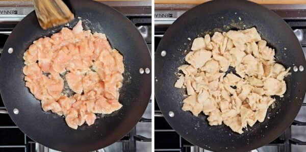 Stir frying chicken pieces.