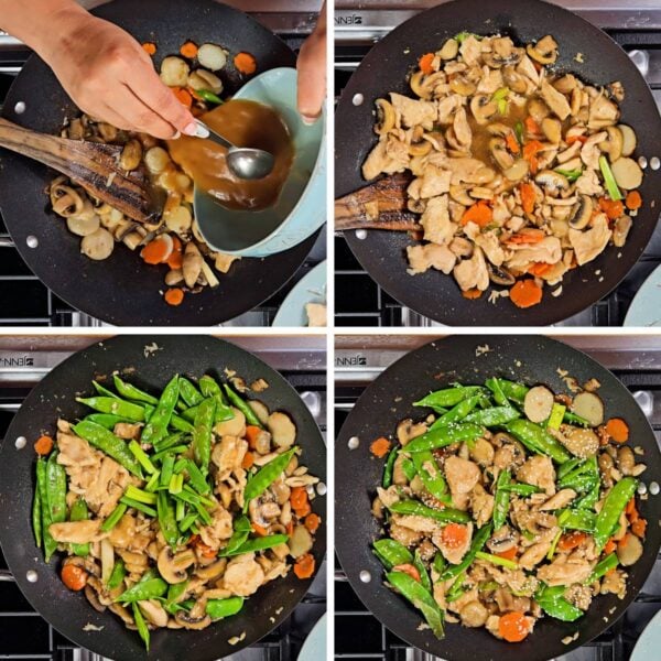 Adding in sauce and chicken and snow peas.