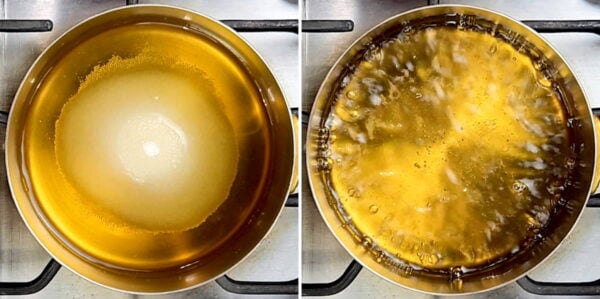Boiling sugar in liquid.