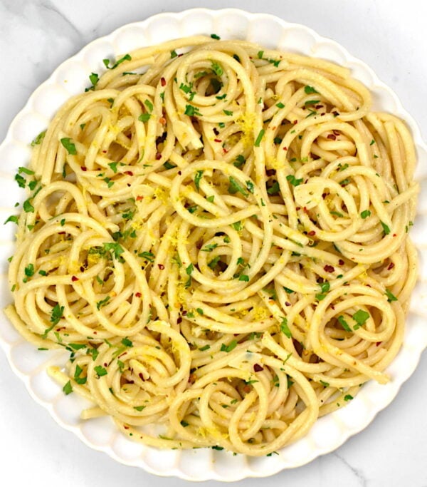 Lemon pasta on a plate.